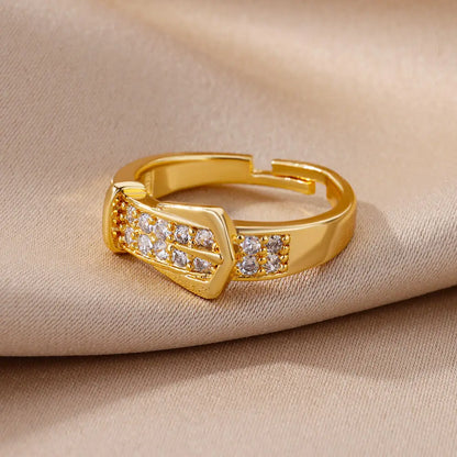 Luxury Stainless Steel Adjustable Belt Ring with Zircon – Women Geometric Jewelry