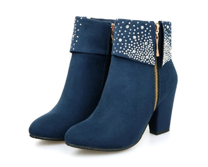 **Noverlla™ Women's Crystal Zip Ankle Boots – Chunky High Heel Fashion Boots for Office, Party & Winter**