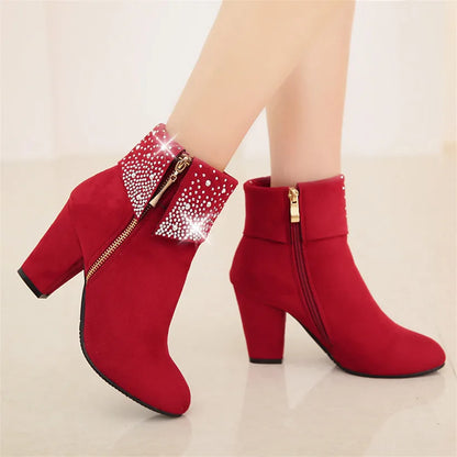 **Noverlla™ Women's Crystal Zip Ankle Boots – Chunky High Heel Fashion Boots for Office, Party & Winter**