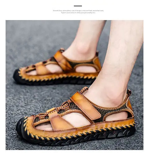 **Noverlla™ Premium Genuine Leather Men's Roman Sandals – Comfortable Summer Casual & Beach Shoes**