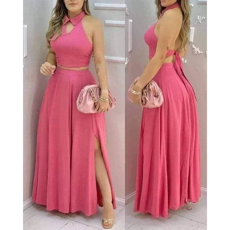 Noverlla™ Women's Halter Crop Top & Maxi Skirt Set – Elegant Two-Piece Outfit