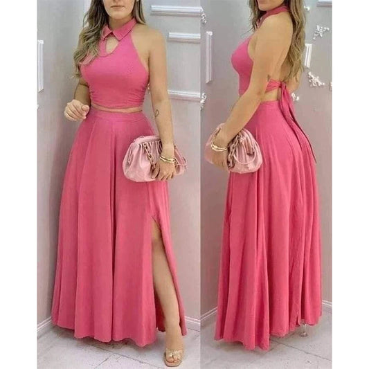 Noverlla™ Women's Halter Crop Top & Maxi Skirt Set – Elegant Two-Piece Outfit