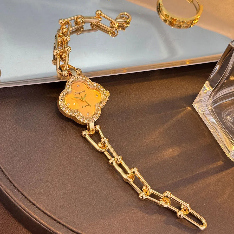 Four-Leaf Clover Gold Chain Watch for Women – Elegant Jewelry Watch