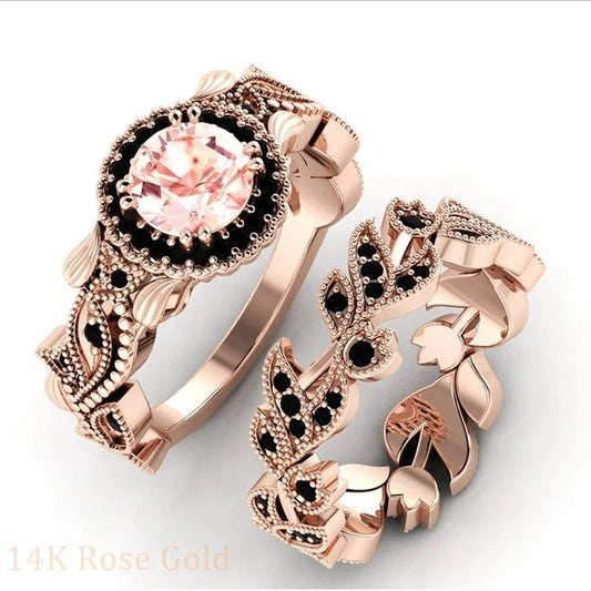 Elegant 2-Piece Rose Gold Floral Ring Set – Black Zircon & Champagne Crystal Wedding Rings for Women