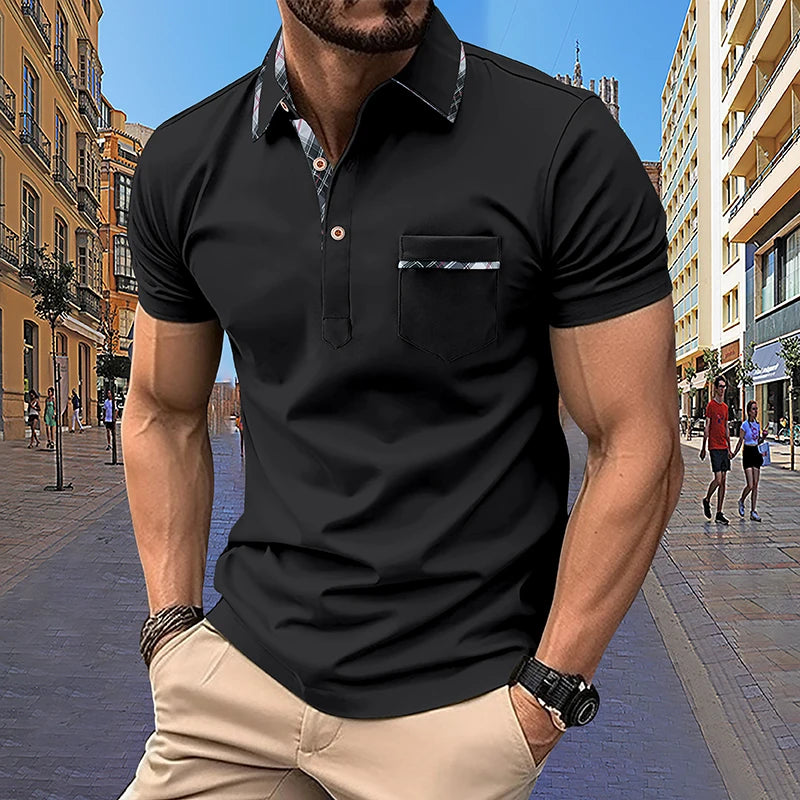 Noverlla™ Men's Slim Fit Polo Shirt – Short Sleeve Business Casual Top with Plaid Collar Detail