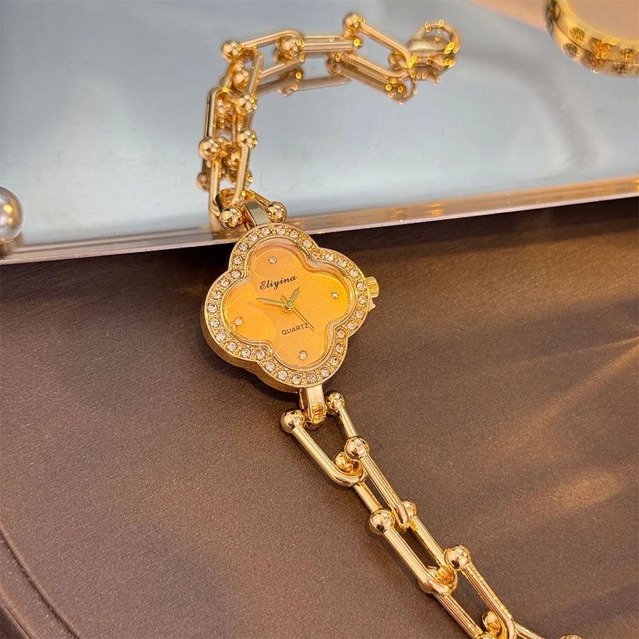 Four-Leaf Clover Gold Chain Watch for Women – Elegant Jewelry Watch