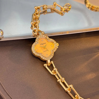 Four-Leaf Clover Gold Chain Watch for Women – Elegant Jewelry Watch