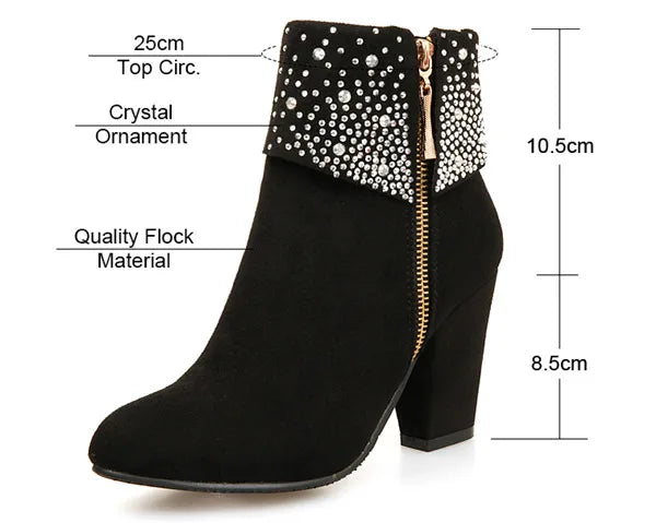 **Noverlla™ Women's Crystal Zip Ankle Boots – Chunky High Heel Fashion Boots for Office, Party & Winter**