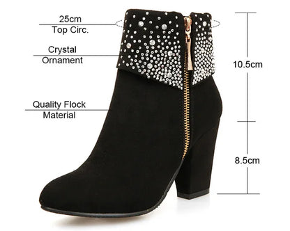 **Noverlla™ Women's Crystal Zip Ankle Boots – Chunky High Heel Fashion Boots for Office, Party & Winter**