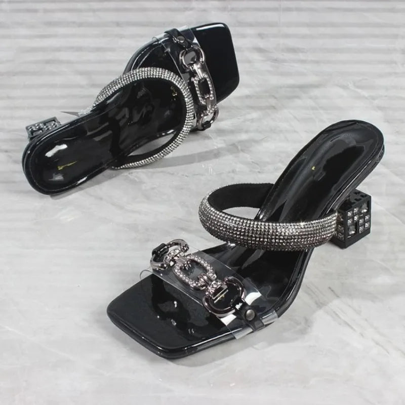 **Noverlla™ Women's Luxury Crystal Buckle High-Heel Sandals – Elegant Square Toe Fashion Slides**