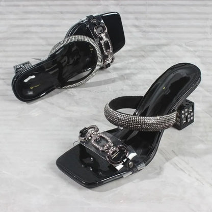 **Noverlla™ Women's Luxury Crystal Buckle High-Heel Sandals – Elegant Square Toe Fashion Slides**