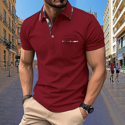 Noverlla™ Men's Slim Fit Polo Shirt – Short Sleeve Business Casual Top with Plaid Collar Detail